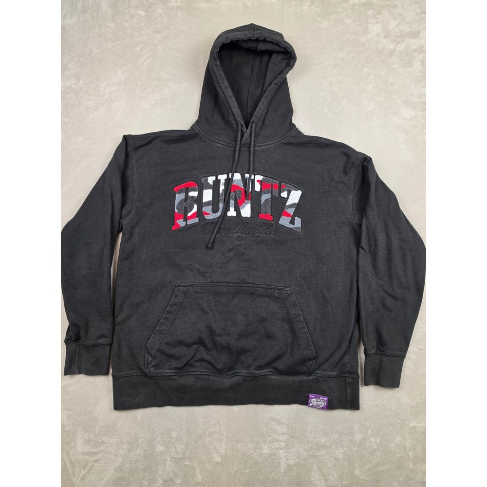 Runtz Worldwide Hoodie Mens XL Black Camo Logo Pullover Sweatshirt Faded